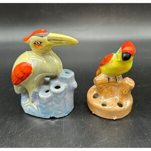 Vtg Lusterware Bird Flower Frog Set Japan Pelican Parrot Ceramic Figurines